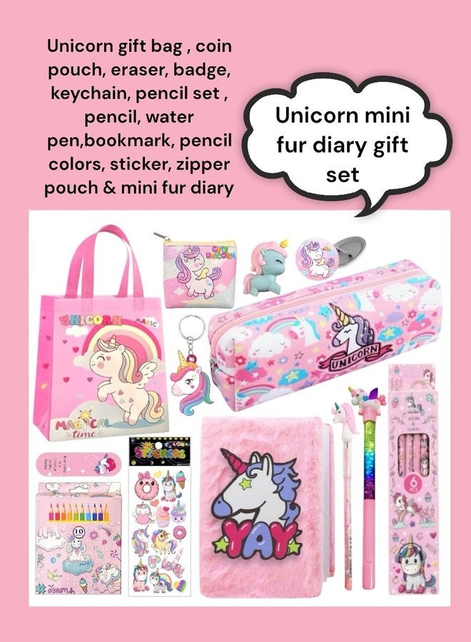 Le Delite 13 Pcs Unicorn Gift Combo Set For Girls Kids Fur Diary Gift Bag Stationery Set Age 6-8 Years 10-12 Year I Stickers, pen, pouch, badge, Eraser, Wallet & colors(Pink) - Image 2